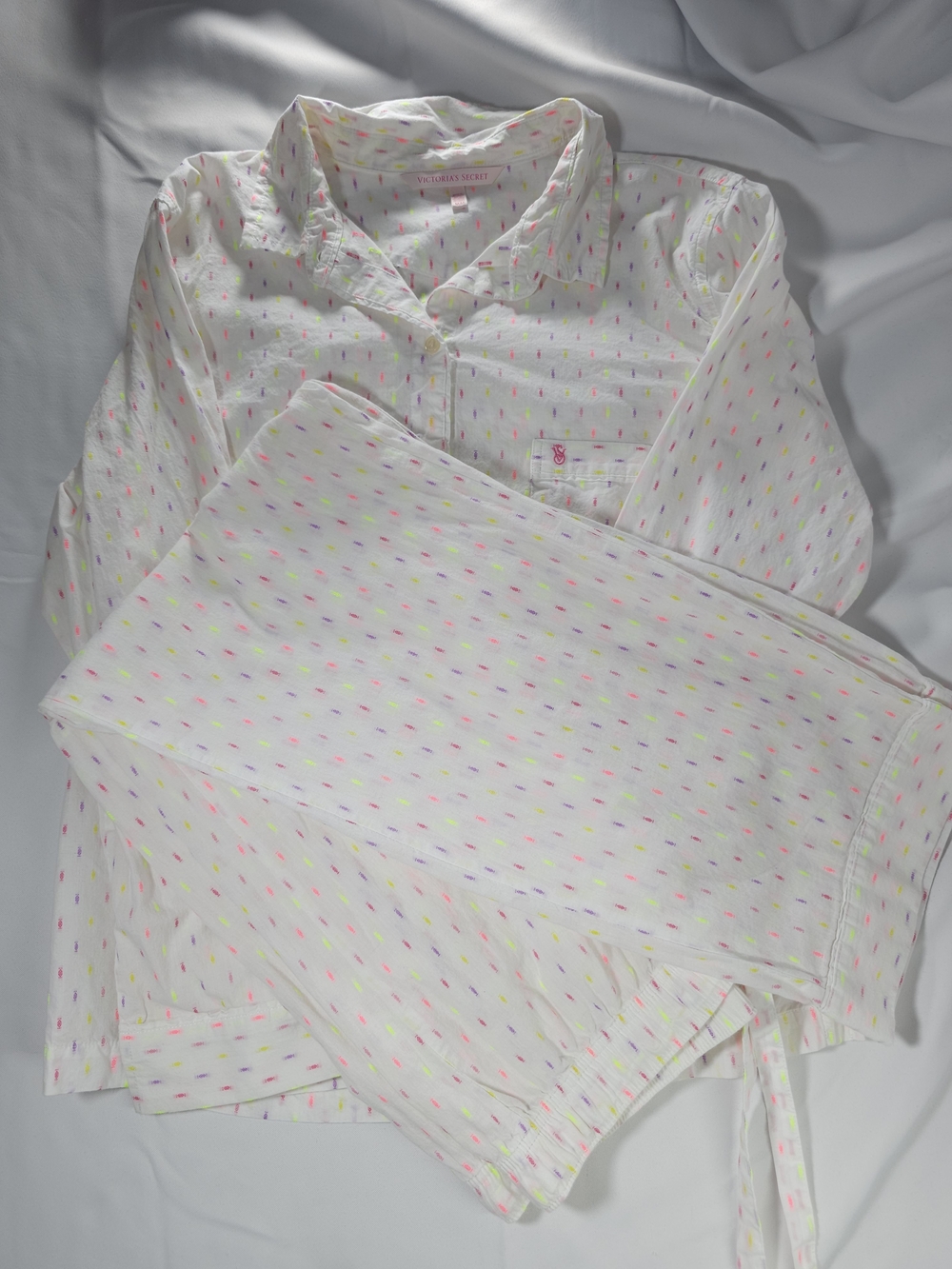 Victoria's Secret White Pajama Set with Neon Pink and Neon Yellow Dot Accents